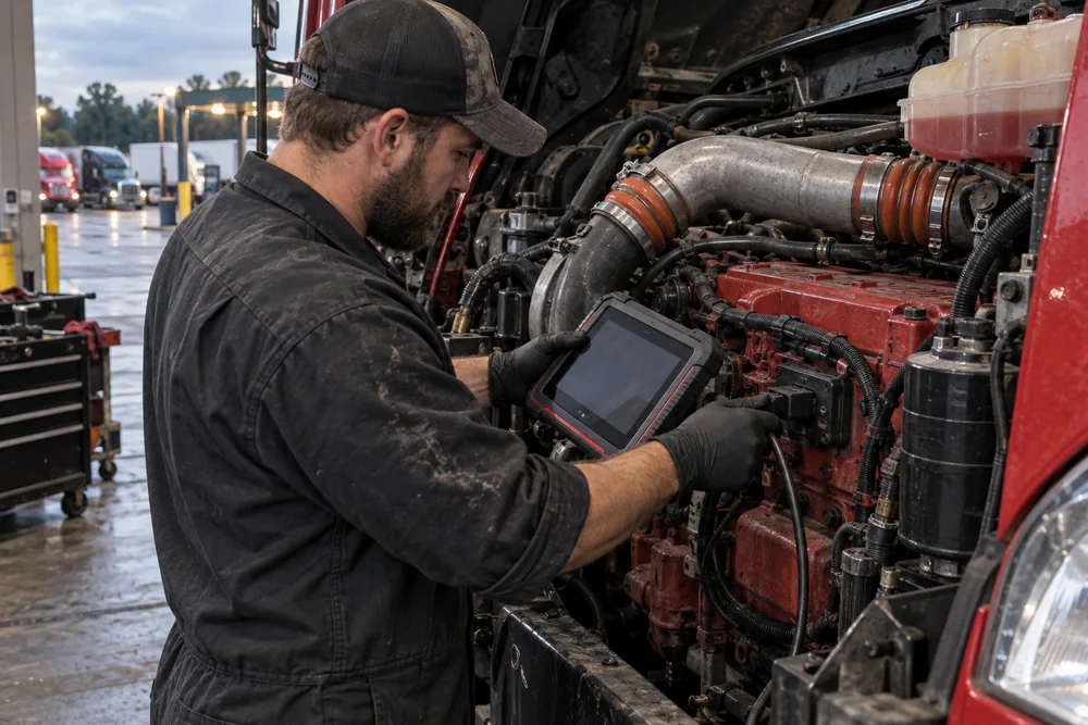Technician connecting a diagnostic scan tool to a diesel engine