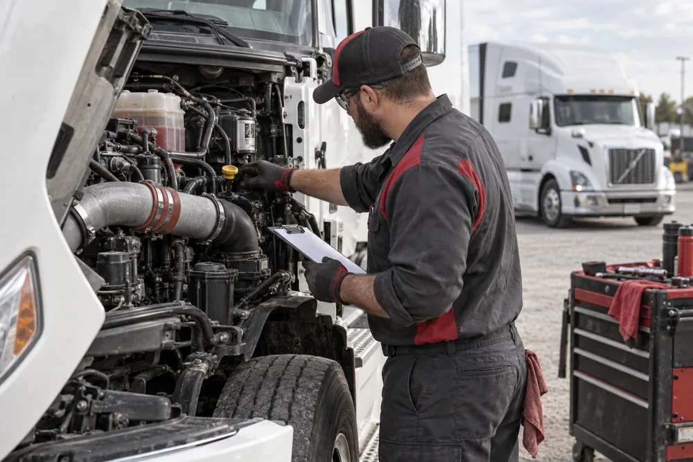 Diesel technician checking truck service points during maintenance