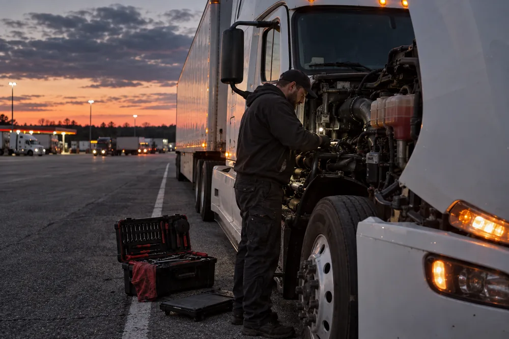 Mobile mechanic assessing a diesel semi at a roadside stop
