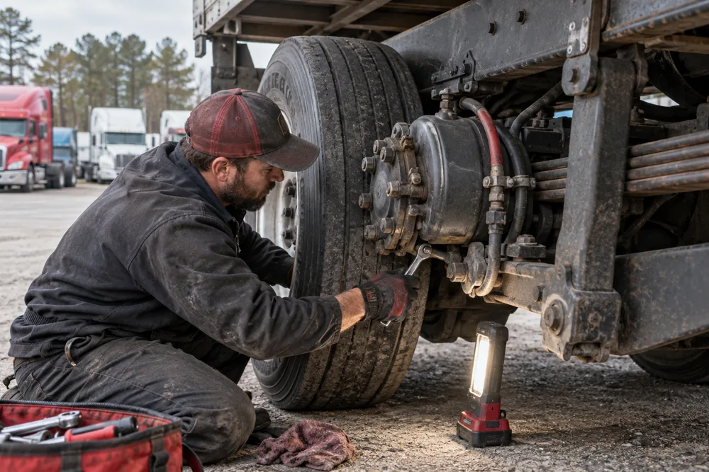 Mechanic inspecting a heavy-duty truck chassis and engine